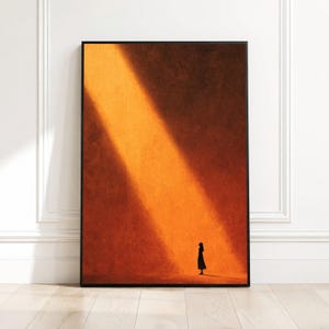 Minimalistisch silhouet canvas muurkunst, warm zonsonderganglicht, abstract schaduwontwerp, modern interieur, canvas met dramatisch contrast