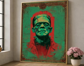 Vintage Frankenstein Portrait Canvas, Horror Movie Wall Art, Retro Gothic Decor, Spooky Home Decoration, Classic Monster Illustration Canvas