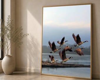 Canada Geese in Flight Canvas Wall Art, Nature Wildlife Canvas, Lake Landscape Decor, Bird Migration Wall Art, Outdoor Scenic Canvas Print