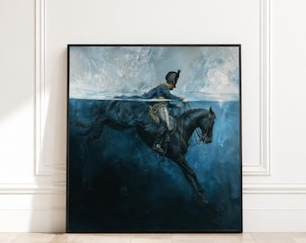 Canvas Historische militaire ruiter, Napoleontische krijgerkunst, onderwatercavaleriescène, dramatisch muurdecor, canvas schilderij ruitersport