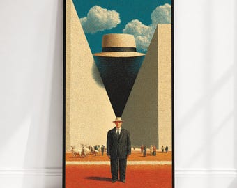 Hombre elegante surrealista con sombrero, lienzo abstracto moderno, arte mural único, decoración de interiores contemporánea, impresión artística sobre lienzo.