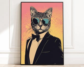 Cool katt i smoking-canvas, popkonst-väggdekor, solglasögon-kattporträtt, modern djurcanvaskonst, rolig heminredning