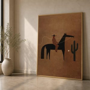 Minimalist Cowboy on Horse Canvas, Southwestern Desert Art, Rustic Western Wall Decor, Modern Brown Canvas, Cactus Silhouette Painting