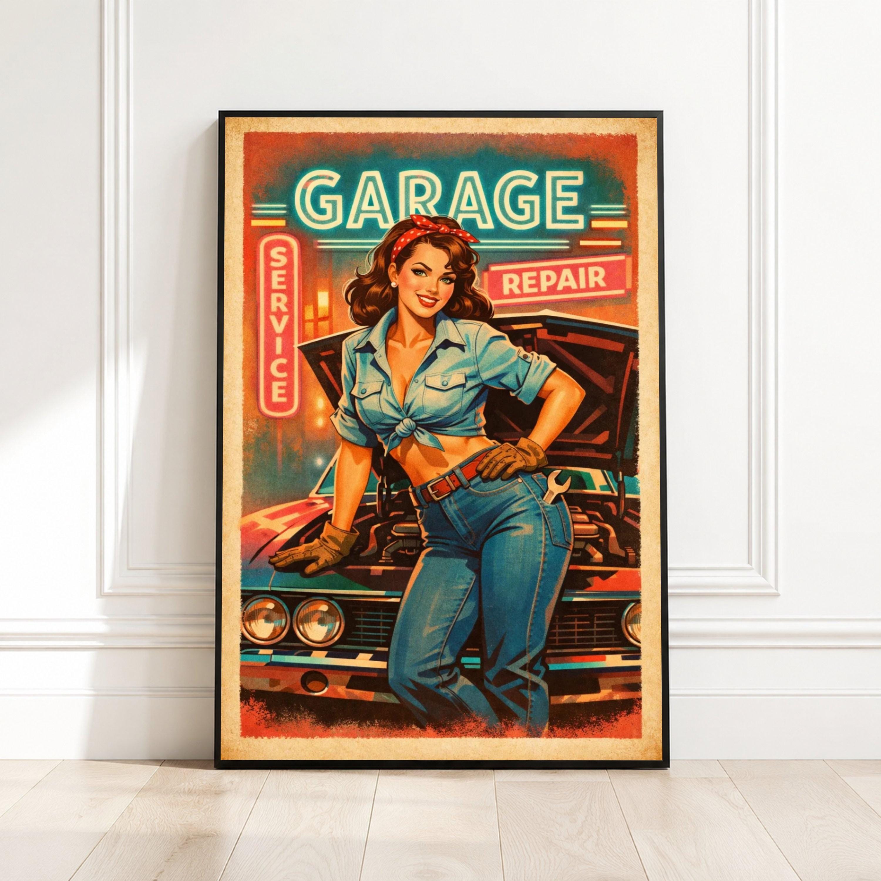 ヴィンテージ ルーサイトスカルプチャー アクリル オブジェ ポップアート Retro Pin-up Girl Canvas, Vintage Garage Repair Sign, Automotive