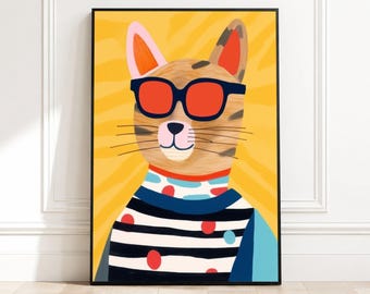 Cool katt med solglasögon på canvas, modern djurväggkonst, rolig kattillustration, färgglad heminredning, canvasväggkonst för barnrum