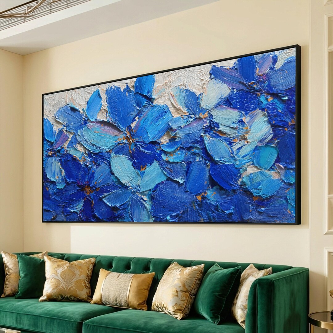 Blue Floral Palette Knife Canvas, Flower Wall Art, Abstract Botanical ...