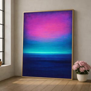 Lienzo abstracto vibrante con horizonte, arte mural estilo Mark Rothko, lienzo moderno con degradado de color, pintura decorativa para el hogar en azul y rosa, listo para colgar.