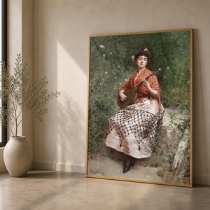 Elegante vrouw die bandurria speelt, canvas klassiek instrument, portretkunstdruk, vintage muziekmuurdecoratie, traditioneel Spaans thema