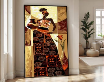 African Woman with Pot Canvas, Ethnic Tribal Art, Afrocentric Wall Art, Modern African Canvas, Home Decoration, Cultural Artwork, Ready to