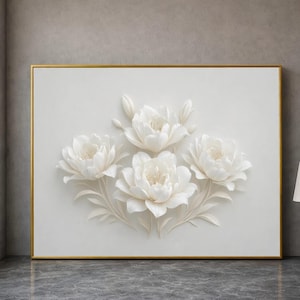 Elegante lienzo con flores de peonía blanca, arte floral para pared, delicada decoración botánica en lienzo, decoración suave y neutra para el hogar, listo para colgar.