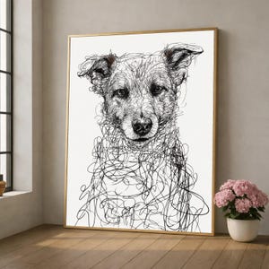 Abstraktes Gekritzel-Hundeportrait, Leinwand, Schwarz-Weiß-Haustier-Wandkunst, moderne Tierskizzen-Dekoration, einzigartige Wohnzimmerkunst