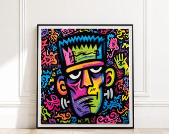 Vibrant Abstract Frankenstein Canvas, Colorful Street Art Style, Modern Pop Art Wall Decor, Neon Urban Graffiti Canvas, Ready to Hang