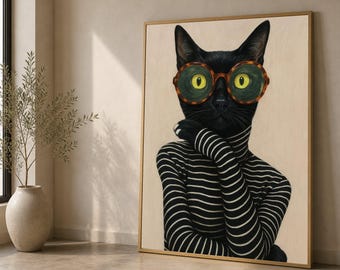 Elegante stampa su tela raffigurante un gatto nero, ritratto felino moderno, stravagante decorazione murale, stampa su tela raffigurante animali, decorazione unica per la casa