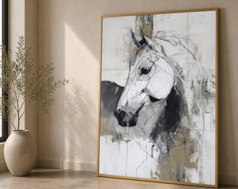 Lienzo abstracto de caballo blanco, pintura equina moderna, decoración de animales en tonos neutros, lienzo para sala de estar, listo para colgar.