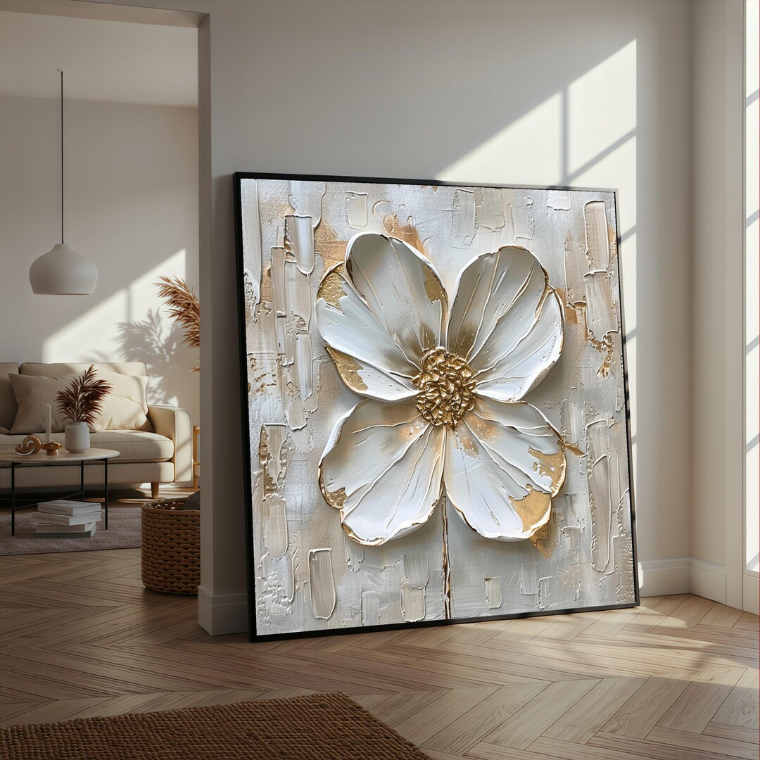 Elegant White and Gold Floral Canvas Wall Art, Flower Painting, Neutral ...