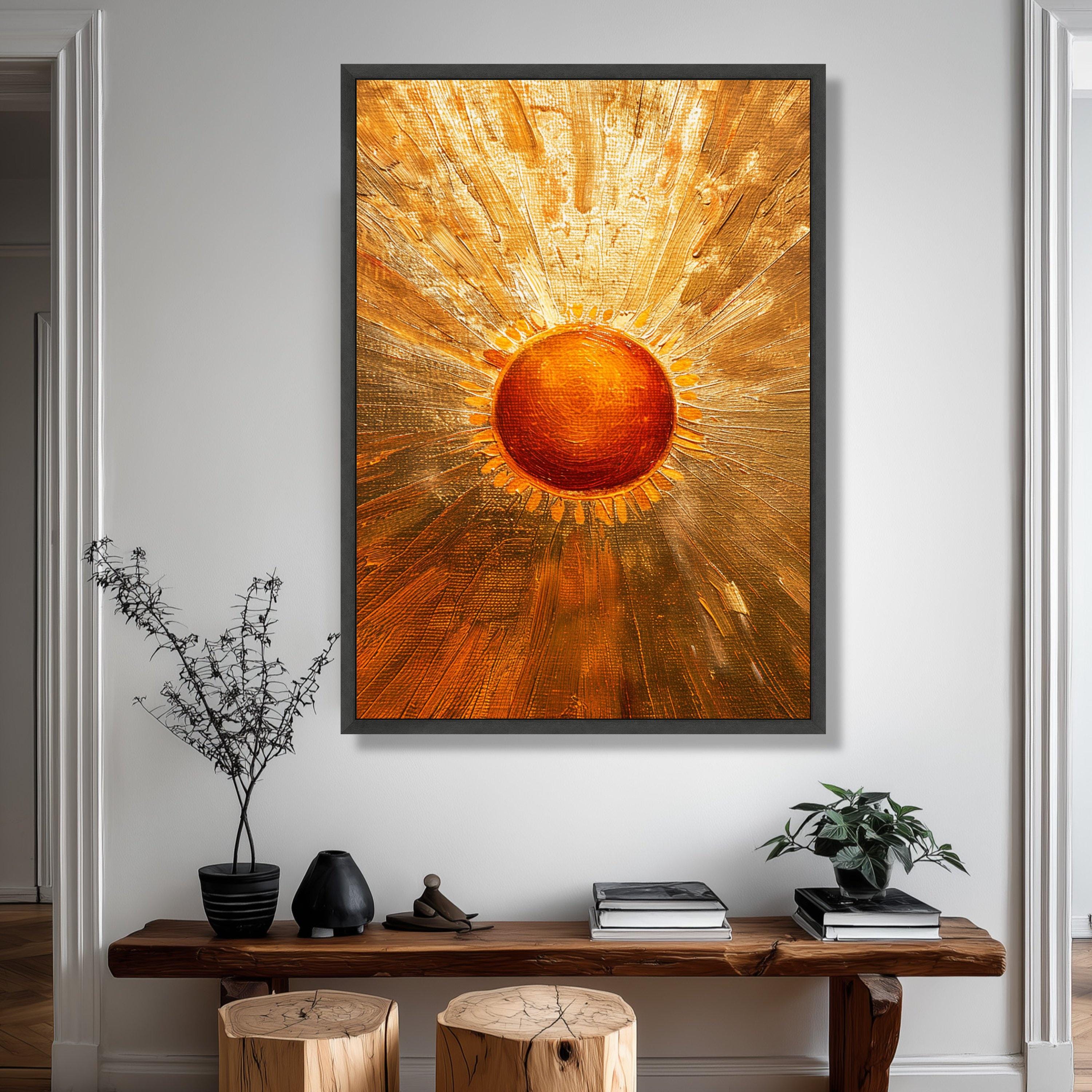 Golden Sunburst Abstract Canvas, Radiant Sun Painting, Wall Art