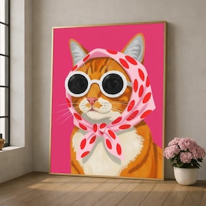 Stylish Retro Cat Canvas Wall Art, Cute Orange Tabby with Polka Dot Headscarf, Funky Sunglasses Decor, Modern Animal Canvas, Fun Home