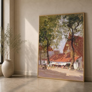 Elioth Gruner Java Village Scene Canvas, Impressionist Landscape Wall Art, Rustic Home Decor, Nature Trees and Market Canvas, Ready to Hang