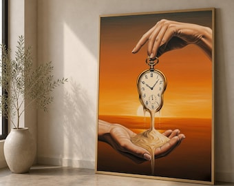 Surreal Melting Clock Canvas, Salvador Dali Wall Art, Time Concept Home Decoration, Abstract Surrealism Canvas Print
