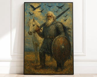 Canvaskunst Vikingkrijger, wanddecoratie Noordse legende, middeleeuwse Noorman met zwaard en schild, canvas paard en raven, historische strijd