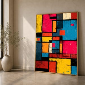 Lebendige geometrische abstrakte Leinwand, moderne Farbblockkunst, Wanddekoration im Stil der Mitte des Jahrhunderts, mutiges rechteckiges Design, zeitgenössische Leinwanddruck