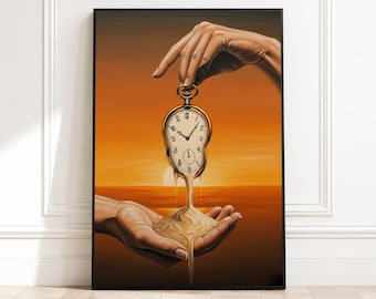 Surreal Melting Clock Canvas, Salvador Dali Wall Art, Time Concept Home Decoration, Abstract Surrealism Canvas Print
