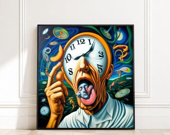 Surreal Time Warp Canvas, Salvador Dali Style Wall Art, Abstract Clock Face, Surrealist Home Decoration, Modern Art Canvas Print