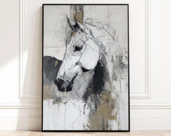 Abstract White Horse Canvas Wall Art, Modern Equine Painting, Neutral Tones Animal Decor, Living Room Canvas Art, Ready to Hang