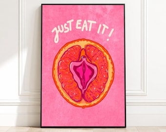 Just Eat It Canvas Wall Art, Bold Pink Citrus and Floral Fusion, Playful Modern Kitchen Decor, Vibrant Food Illustration Canvas, Fun Dining