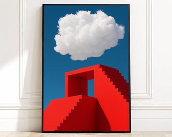 Modern Red Staircase Architecture Canvas, Surreal Minimalist Wall Art, Geometric Design Canvas, Blue Sky with Fluffy Cloud, Contemporary