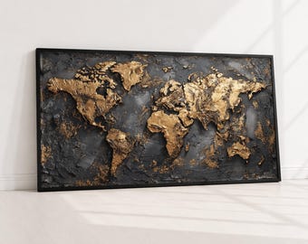 Weltkarte Leinwand Wandkunst, Gold und Schwarz Abstrakt Globe, Moderne Reise Dekor, Metallic Finish Leinwand, Büro und Wohnzimmer Dekoration