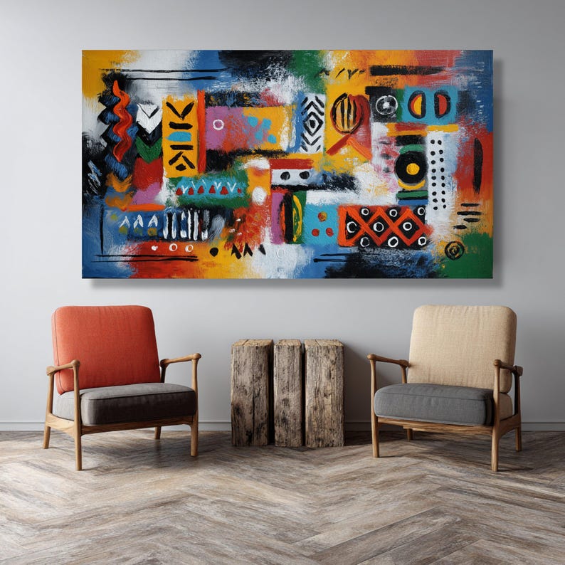 Vibrant African Tribal Canvas, Abstract Ethnic Wall Art, Colorful Tribal Patterns, Modern Canvas Decor, Ready to Hang Artwork image 9