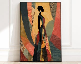 Elegant Silhouette Woman Canvas, African Art Wall Decor, Abstract Patterned Dress Canvas, Modern Ethnic Home Decoration, Ready to Hang Art