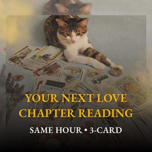 Puede incluir: Un gato atigrado descansa sobre una superficie azul claro, rodeado de cartas del tarot. El texto "YOUR NEXT LOVE CHAPTER READING" está en dorado, con "SAME HOUR • 3-CARD" debajo. La imagen sugiere una lectura de tarot sobre el amor.