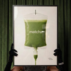 Matcha IV Bag Framed Poster, Surreal Caffeine Addiction Art Print, Matcha Lover Poster, Minimalist Wall Art