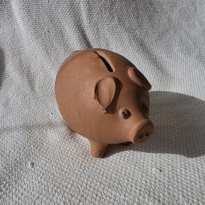 Op de afbeelding: Een terracotta varkensspaarpot met een gleuf aan de bovenkant voor het invoegen van munten. Het keramische varken heeft kleine, afgeronde oren, een snuit met neusgaten en kleine ogen. Het rust op een getextureerd, lichtgekleurd oppervlak.