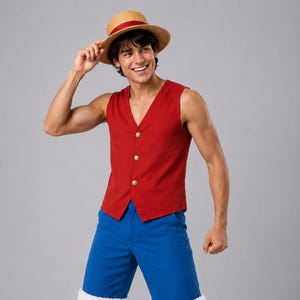 May include: A straw hat with a red ribbon, a sleeveless red vest with three gold buttons, and blue shorts featuring a white fuzzy trim at the hem. The outfit is completed with a pair of simple black flip-flops worn on the feet.