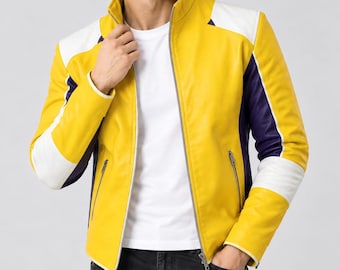 Charlie Disco Inspired Yellow Biker Jacket, Color Block Faux Leather, Retro Style