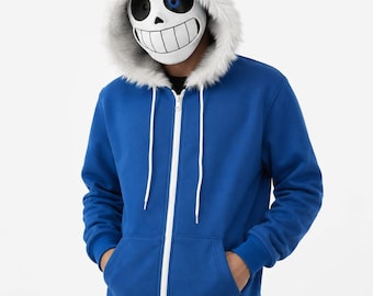 Undertale Sans Hoodie Cosplay Jacket Blue Fur Hood Zip Up Anime Costume Sweatshirt.