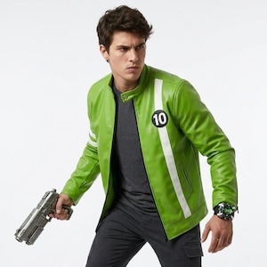 Ben 10 Alien Force Leather Jacket, Ben Tennyson Cosplay Costume, Green Logo