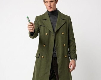 Doctor Who 11th Green Long Coat, Matt Smith Inspired Handmade Cosplay Costume