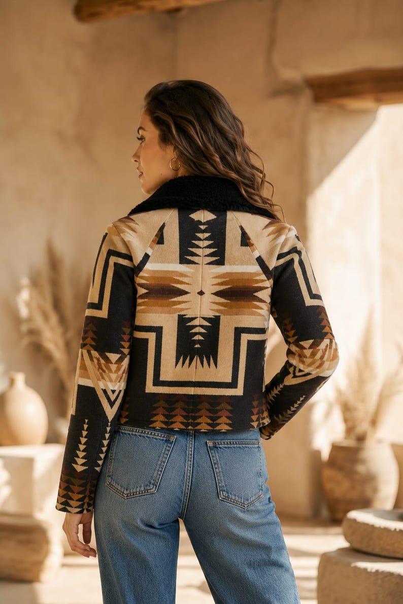 May include: A long-sleeve jacket featuring a black, tan, and brown geometric pattern with a black faux-shearling collar. The jacket is worn with blue denim jeans. The back view shows the intricate angular design across the shoulders and sleeves.