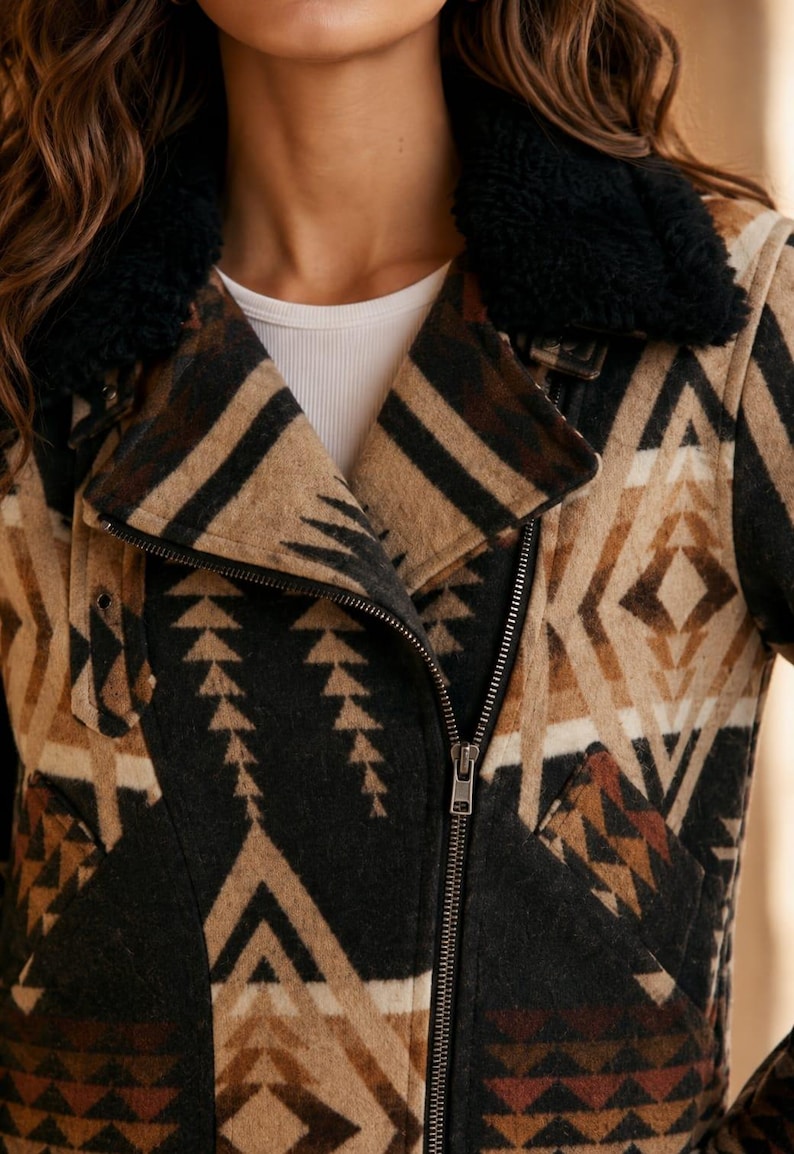 Detailed view of the Southwestern Aztec print on the genuine sheep leather Dutton Ranch Season 1 Kelly Reilly Jacket.