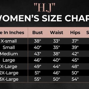 May include: A black and rose gold size chart for jackets labeled H.J. The table lists measurements in inches for body chest, bust, waist, hips, sleeves, and shoulders across sizes from X-small to 3X-Large, with jacket icons at the top corners.
