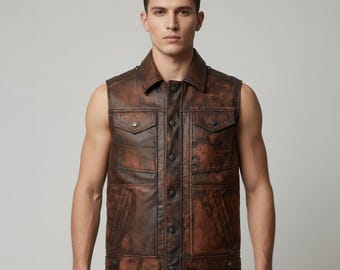Men Distressed Brown Leather Vest, Sheepskin Biker Waistcoat, Vintage Motorcycle Leather Sleeveless Jacket