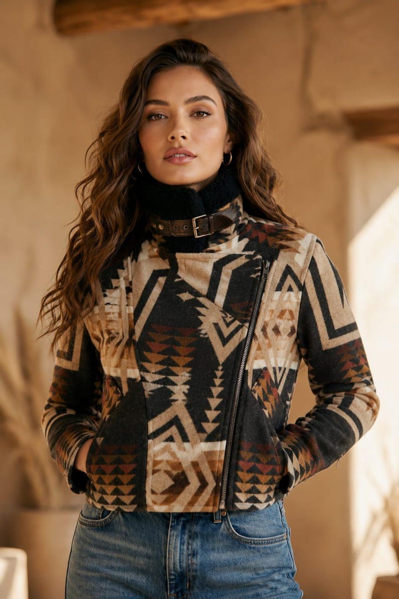 May include: A moto-style jacket featuring a geometric pattern in shades of black, tan, and rust. The jacket has a black faux-shearling collar with a brown leather strap and buckle closure, a diagonal front zipper, and two side pockets, worn with blue jeans.