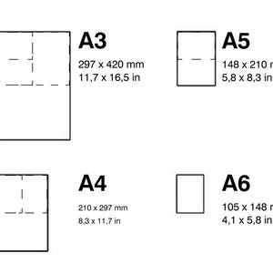 May include: Diagram of paper sizes A3 (11.7 x 16.5 in), A4 (8.3 x 11.7 in), A5 (5.8 x 8.3 in), and A6 (4.1 x 5.8 in). Each size is shown as a white rectangle with dashed lines indicating potential folds. Measurements are in inches and millimeters.