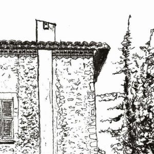 May include: A black and white pen and ink drawing of a building with a stone facade, a window with shutters, and a chimney. The roof has a decorative edge, and trees are visible to the right.