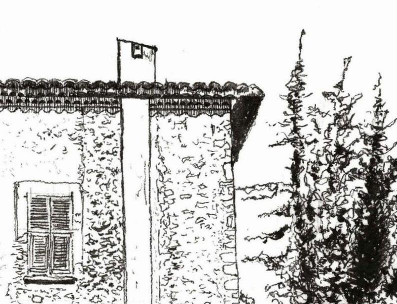 May include: A black and white pen and ink drawing of a building with a stone facade, a window with shutters, and a chimney. The roof has a decorative edge, and trees are visible to the right.
