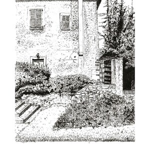 May include: Black and white pen and ink drawing of a stone building with two shuttered windows. Lush greenery surrounds the building, with a staircase leading to a garden. The text "NICE" and "Jardin du monast&egrave;re de Cimiez" are at the bottom.
